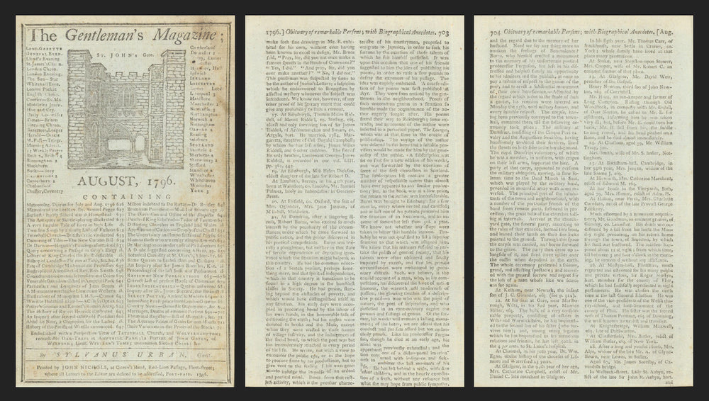 Rabbie Burns Obituary. Gents Mag "A man whose like we scarce can see again" 1796