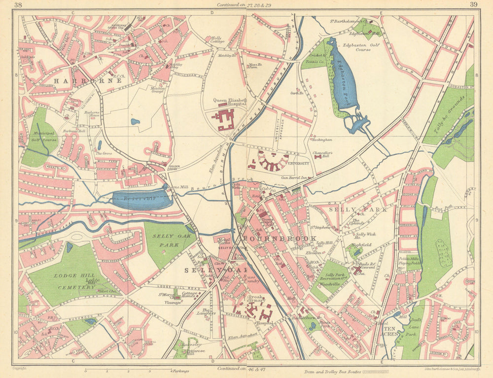 BIRMINGHAM SOUTH WEST Harborne Selly Oak/Park Bournbrook Edgbaston 1945 map