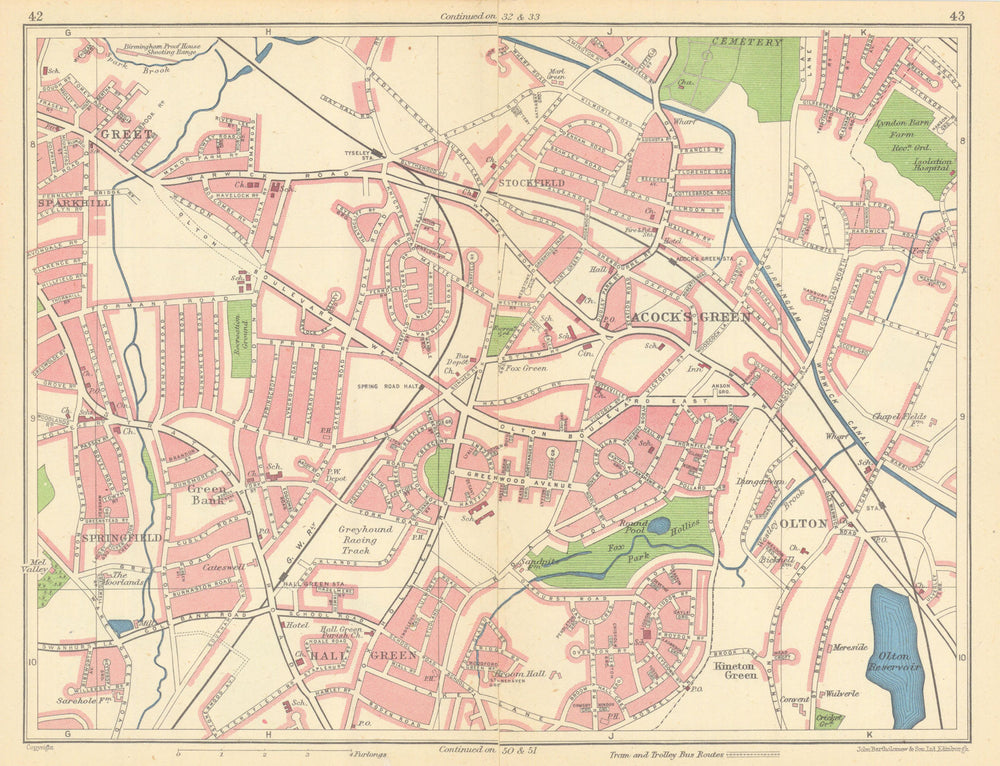 BIRMINGHAM SOUTH EAST Greet Springfield Olton Hall/Acock's Green 1945 old map