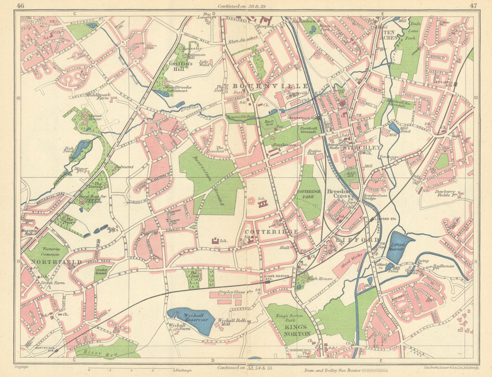 BIRMINGHAM SOUTH WEST Bournville Northfield King's Norton Lifford 1945 old map