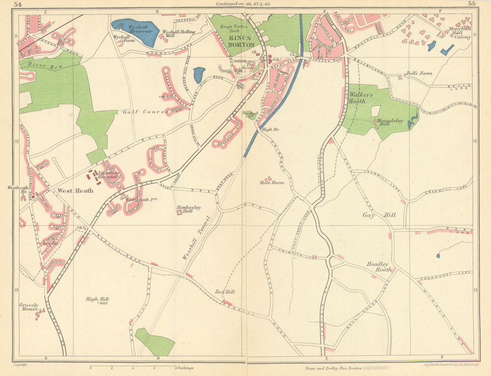 BIRMINGHAM SOUTH WEST West/Walker's Heath King's Norton Northfield 1945 map