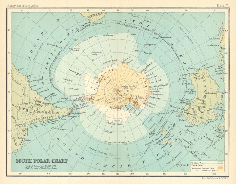 South Polar Chart. Unexplored. Antarctic. BARTHOLOMEW 1909 old antique map