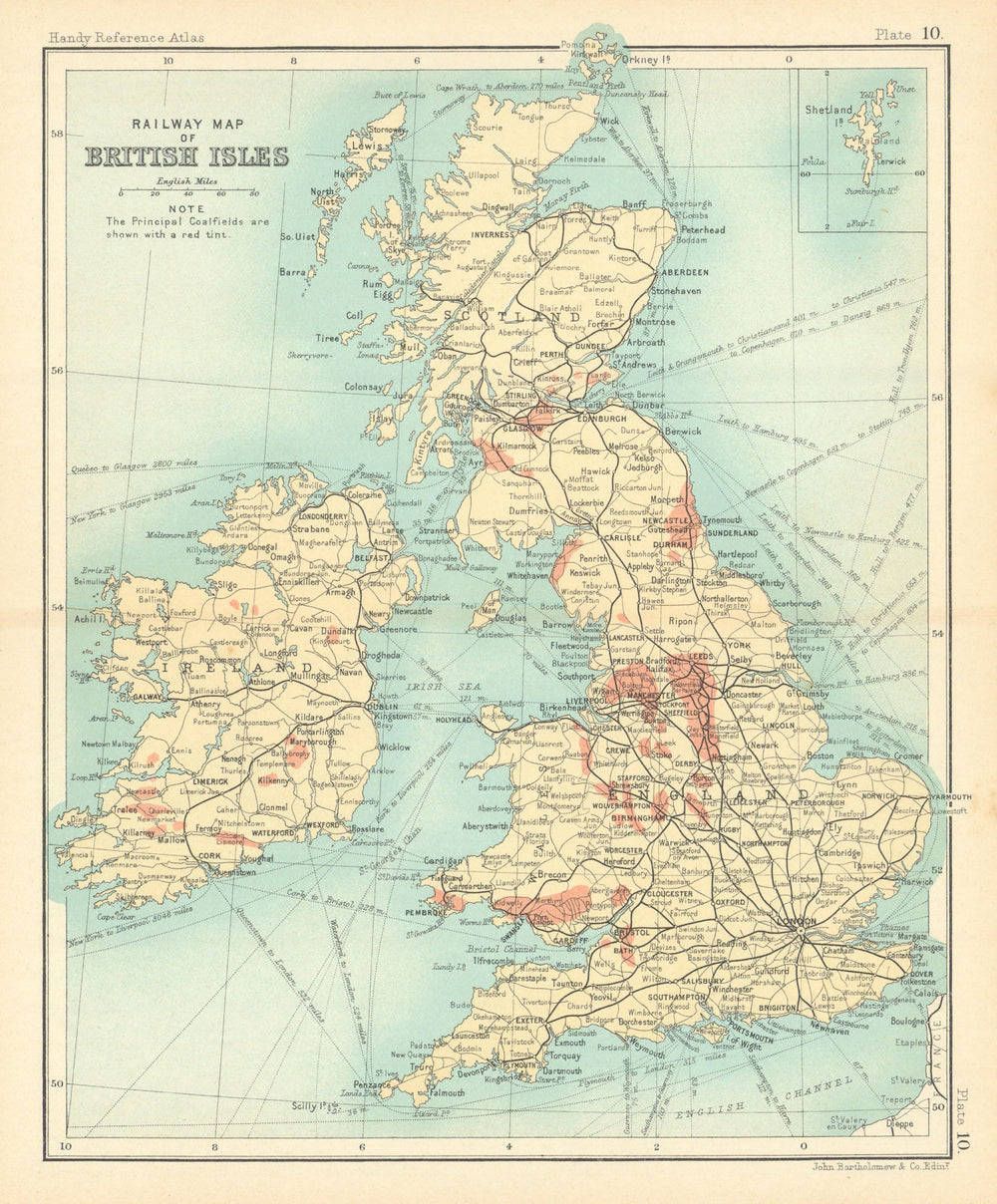 Railway map of British Isles showing coalfields. BARTHOLOMEW 1909 old