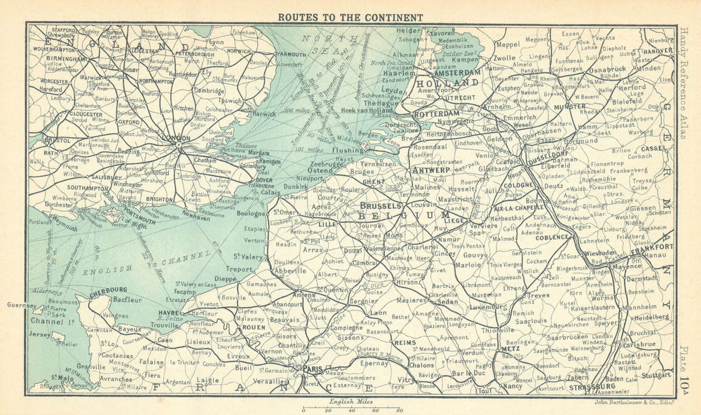 Rail routes to the Continent. English Channel. UK. BARTHOLOMEW 1909 old map