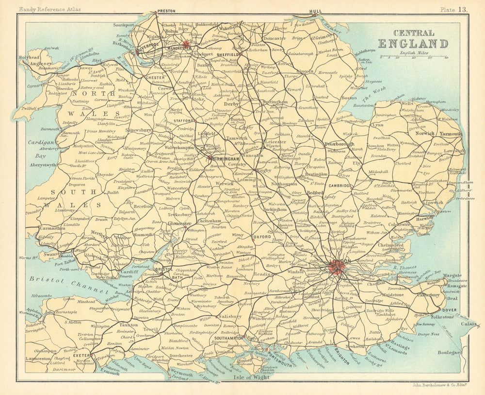 Central England railways. BARTHOLOMEW 1909 old antique vintage map plan chart