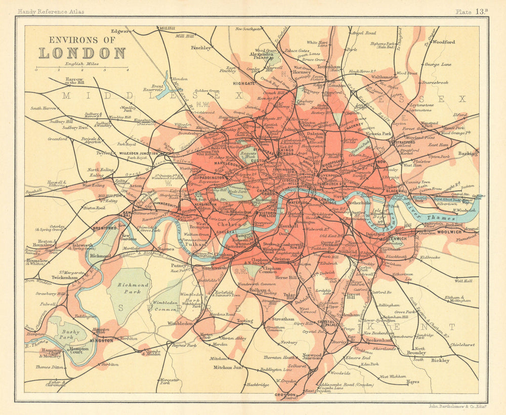 Greater London railways. BARTHOLOMEW 1909 old antique vintage map plan chart