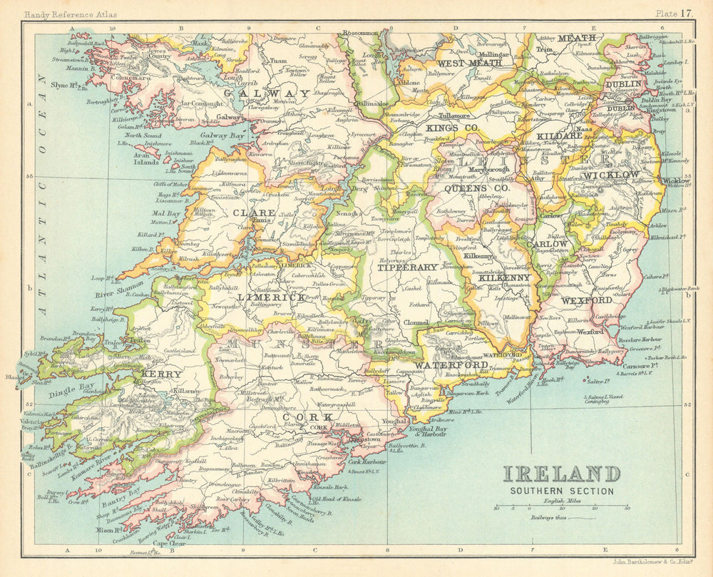 Ireland Southern Section. BARTHOLOMEW 1909 old antique vintage map plan chart