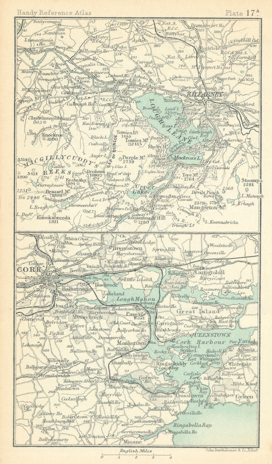 Lakes of Killarney & Cork harbour. Ireland. BARTHOLOMEW 1909 old antique map