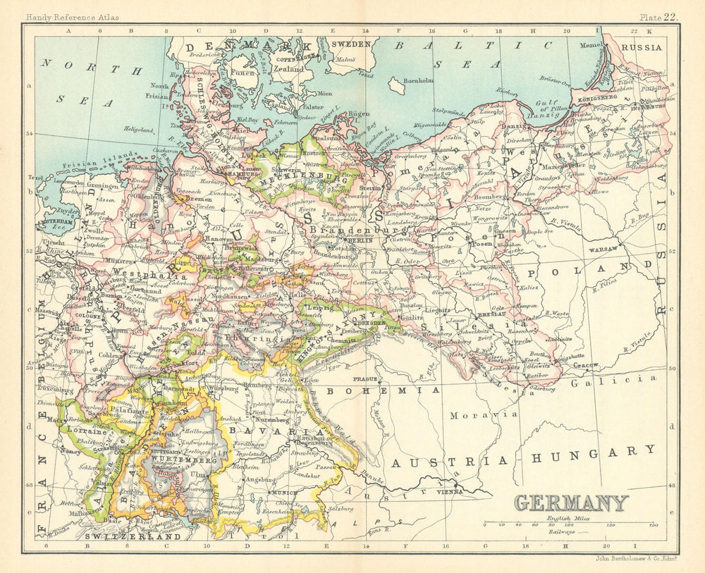 Germany showing states. BARTHOLOMEW 1909 old antique vintage map plan chart