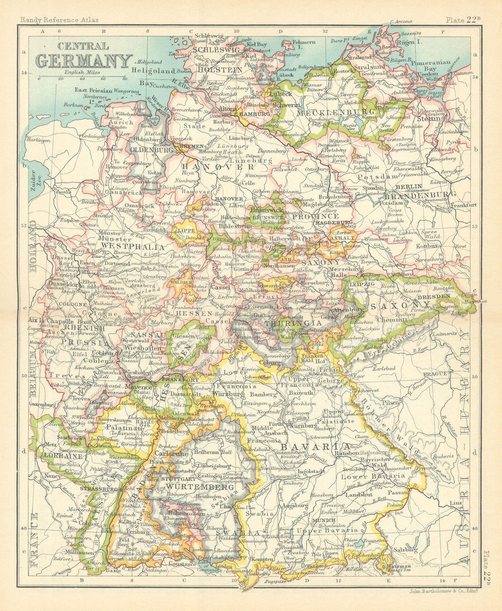 Central Germany showing states. BARTHOLOMEW 1909 old antique map plan chart
