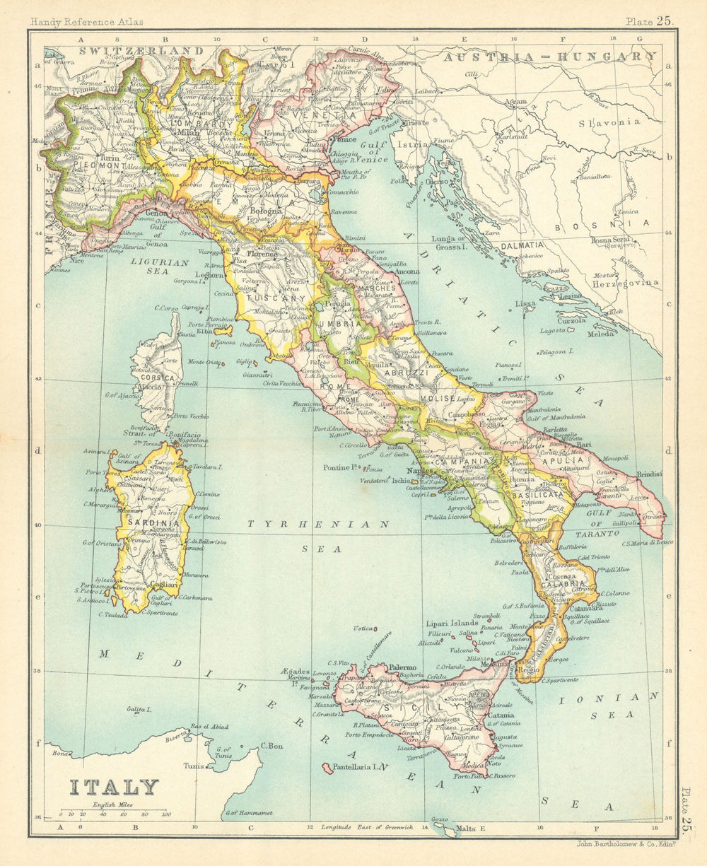 Italy in provinces. BARTHOLOMEW 1909 old antique vintage map plan chart