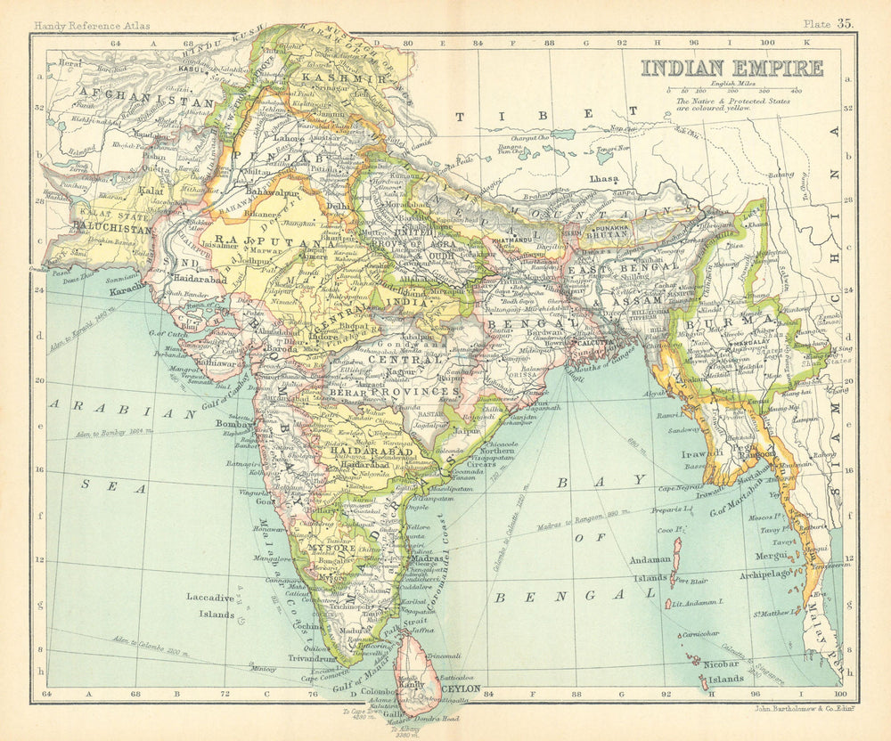 Indian Empire. British India. BARTHOLOMEW 1909 old antique map plan chart