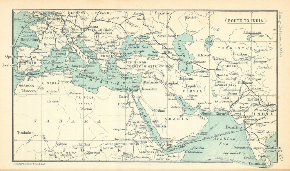 Routes to India from UK. British India. BARTHOLOMEW 1909 old antique map chart