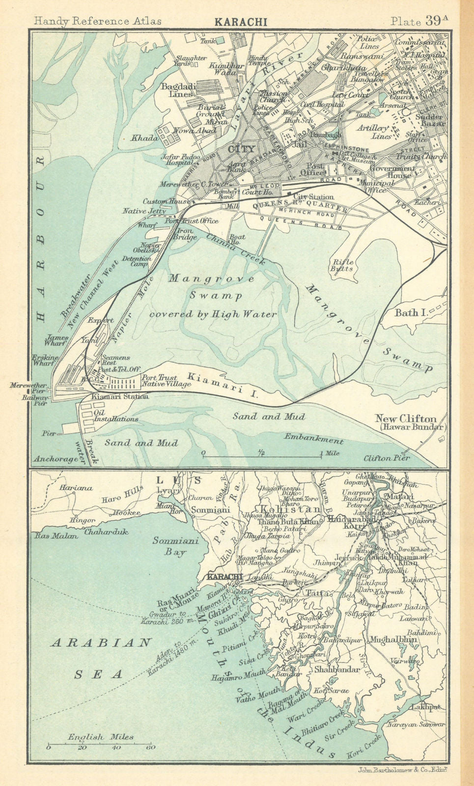 Karachi city plan and environs. Pakistan. BARTHOLOMEW 1909 old antique map