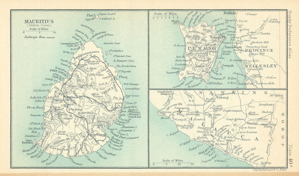 Mauritius, Penang & Malacca. BARTHOLOMEW 1909 old antique map plan chart