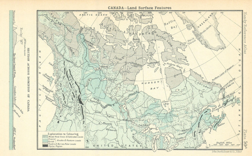 Canada - Land Surface Features. Section across Canada. BARTHOLOMEW 1909 map
