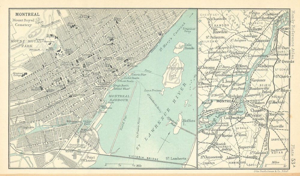 Montreal town/city plan & environs. Quebec. BARTHOLOMEW 1909 old antique map