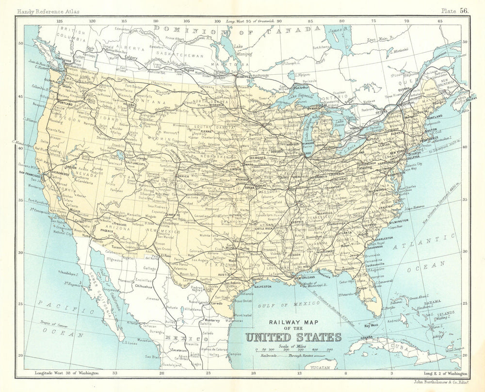 Railway Map of United States. USA. BARTHOLOMEW 1909 old antique plan chart
