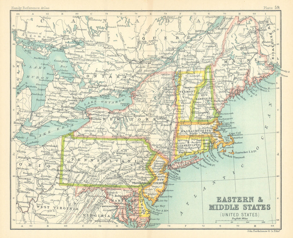 Eastern and Middle States (United States). New England. USA 1909 old map