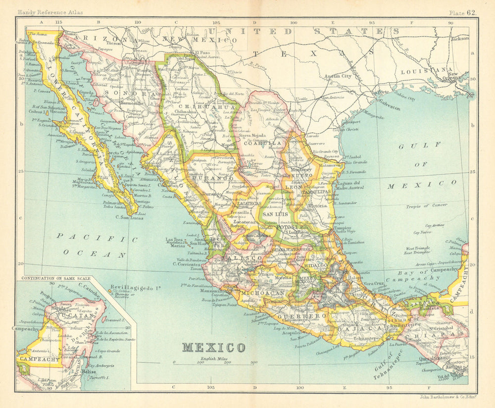 Mexico showing states. BARTHOLOMEW 1909 old antique vintage map plan chart