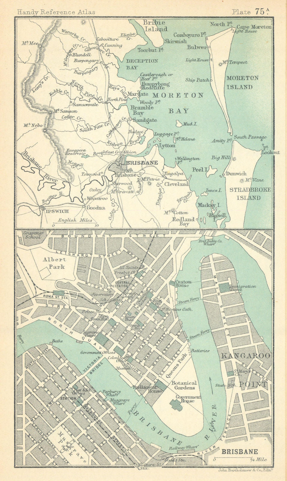 Brisbane town/city plan. Moreton Bay. Queensland. BARTHOLOMEW 1909 old map