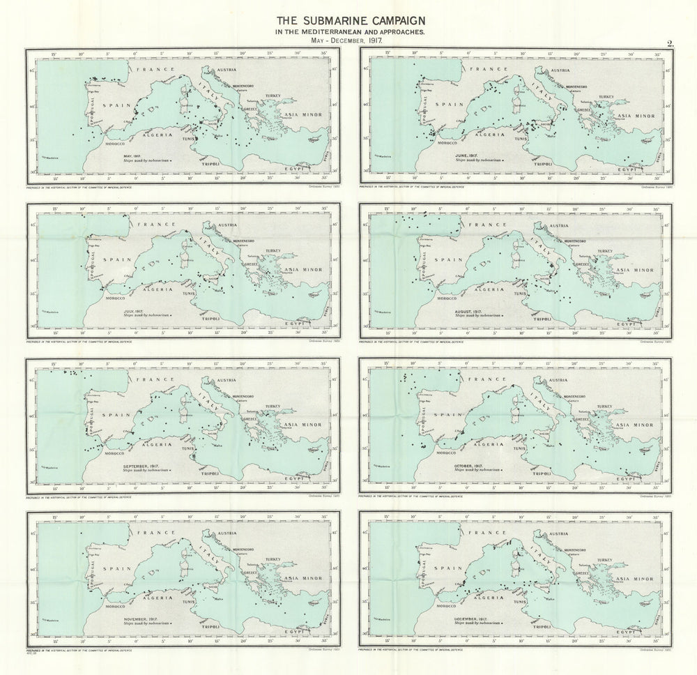 German U-Boat submarine campaign Mediterranean May-December 1917. WW1 1931 map