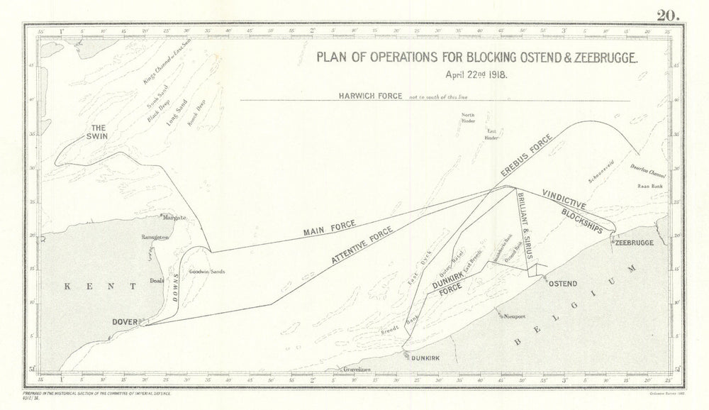 Ostend & Zeebrugge Raids operations plan 22 April 1918. First World War 1931 map