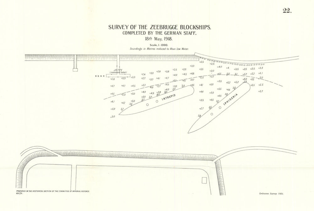 Zeebrugge Raid 23 April 1918. German blockships survey 18 May 1918. WW1 1931 map