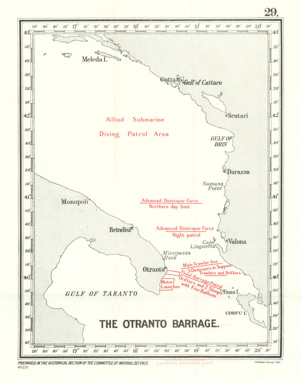 The Otranto Barrage 1917. Italy Albania Adriatic. First World War 1931 old map