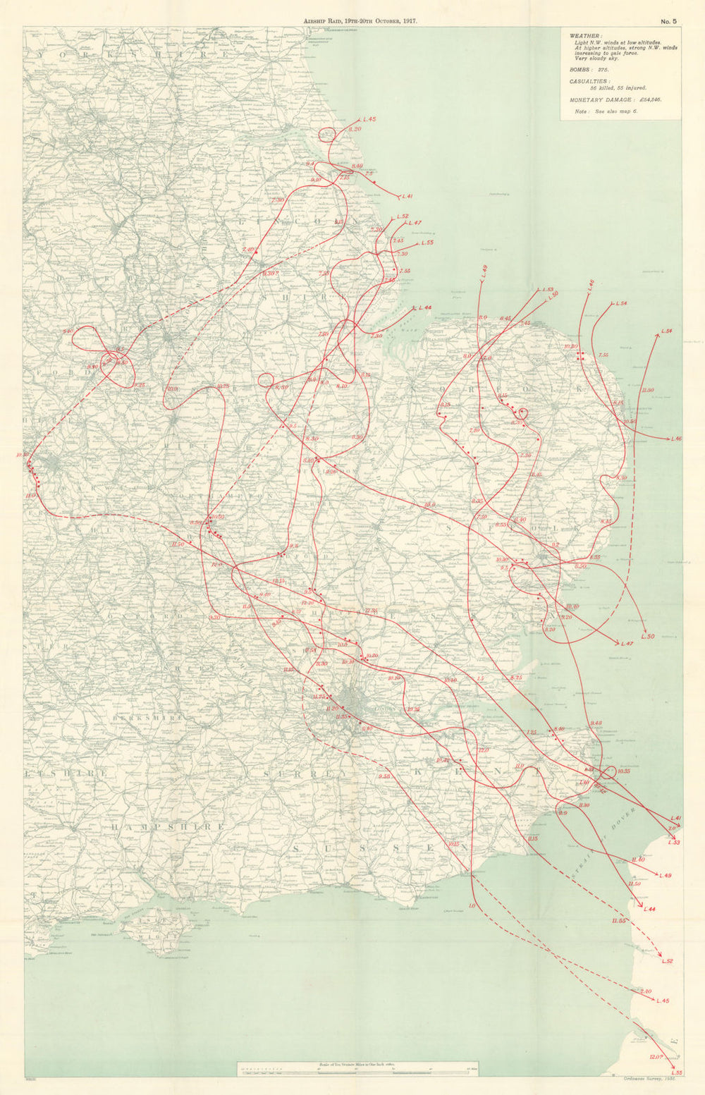 WW1 German Airship Raid 19–20 October 1917 England London 1935 old vintage map