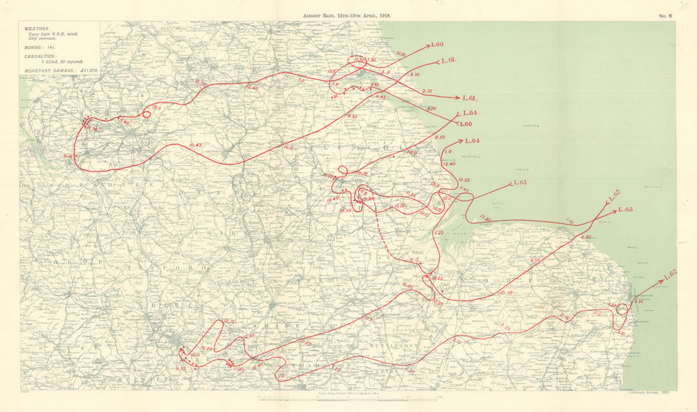WW1 German Airship Raid 12–13 April 1918 England Wigan 1935 old vintage map
