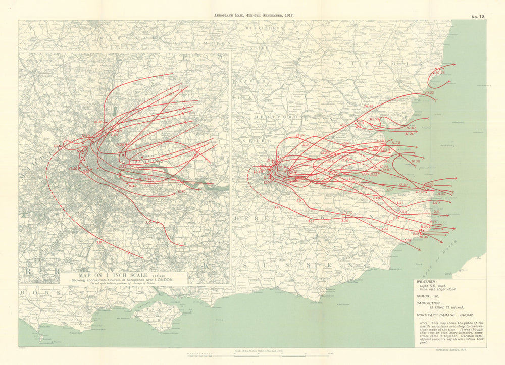 WW1 German Aeroplane Raid 4–5 September 1917 London 1935 old vintage map chart
