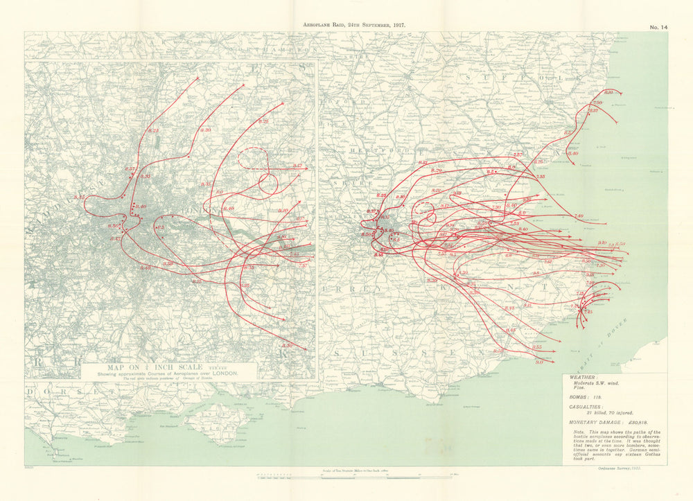WW1 German Aeroplane Raid 24 September 1917 London Dover 1935 old vintage map