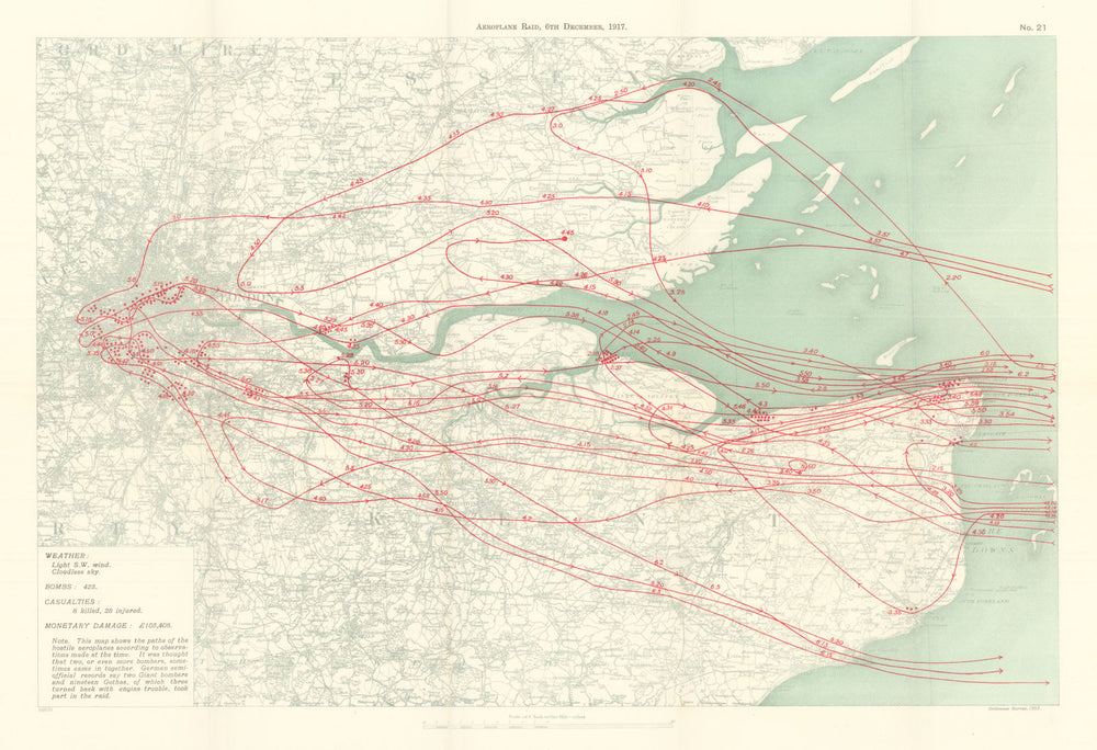 WW1 German Aeroplane Raid 6 Dec 1917 London Sheerness Whitstable Dover 1935 map