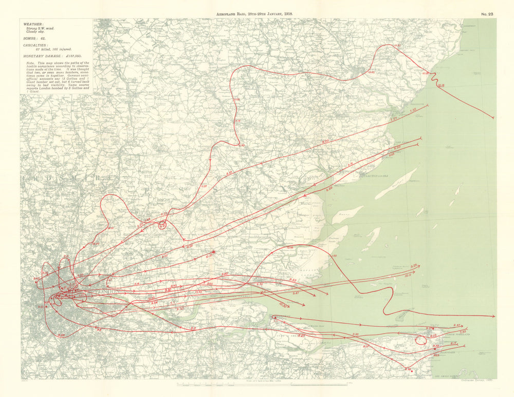 WW1 German Aeroplane Raid 28–29 January 1918 London  1935 old vintage map