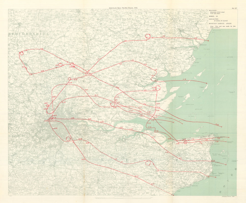 WW1 German Aeroplane Raid 7–8 March 1918 England London Much Hadham 1935 map
