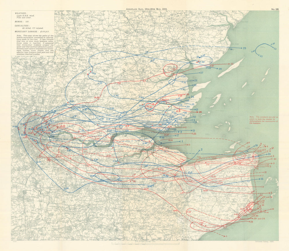 WW1 German Aeroplane Raid 19–20 May 1918 London Southend Shoeburyness 1935 map