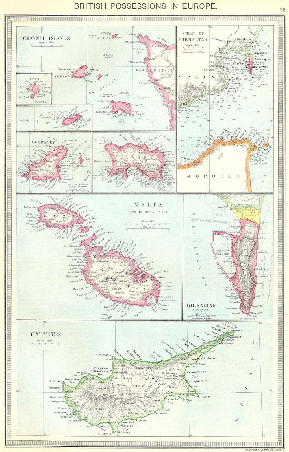BRITISH EUROPEAN POSSESSIONS. Channel islands Gibraltar Malta Cyprus 1907 map
