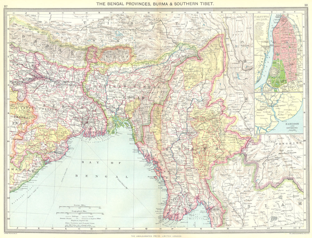 INDIA. Bengal Provinces, Burma & Southern Tibet; maps of Kolkata; Rangoon 1907