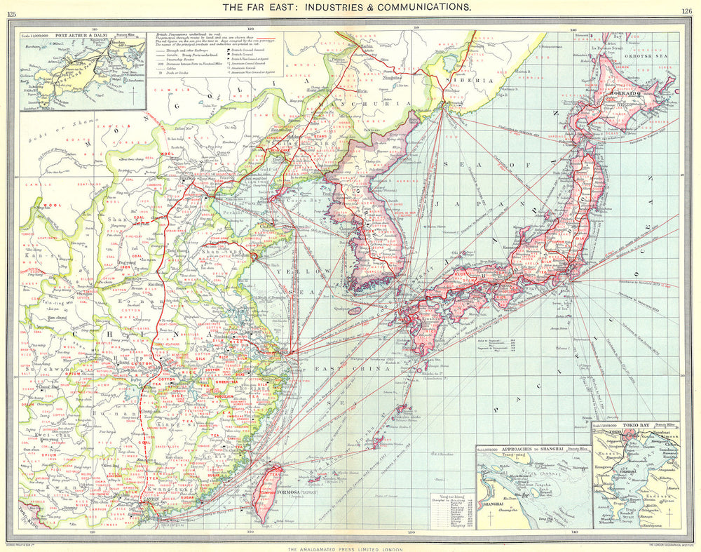 JAPAN KOREA CHINA TAIWAN. Industry Communications; Tokyo; Port Arthur 1907 map