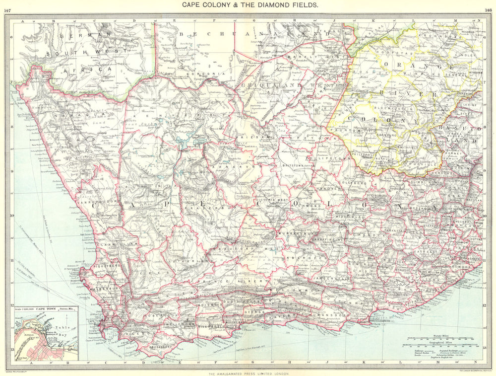 SOUTH AFRICA. Cape Colony & Diamond Fields; map of town 1907 old antique