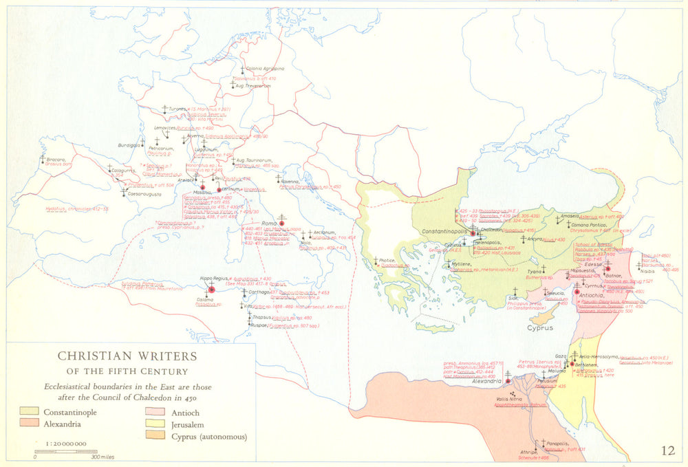 CHRISTIANITY.Christian writers of the fifth century 1958 old vintage map chart