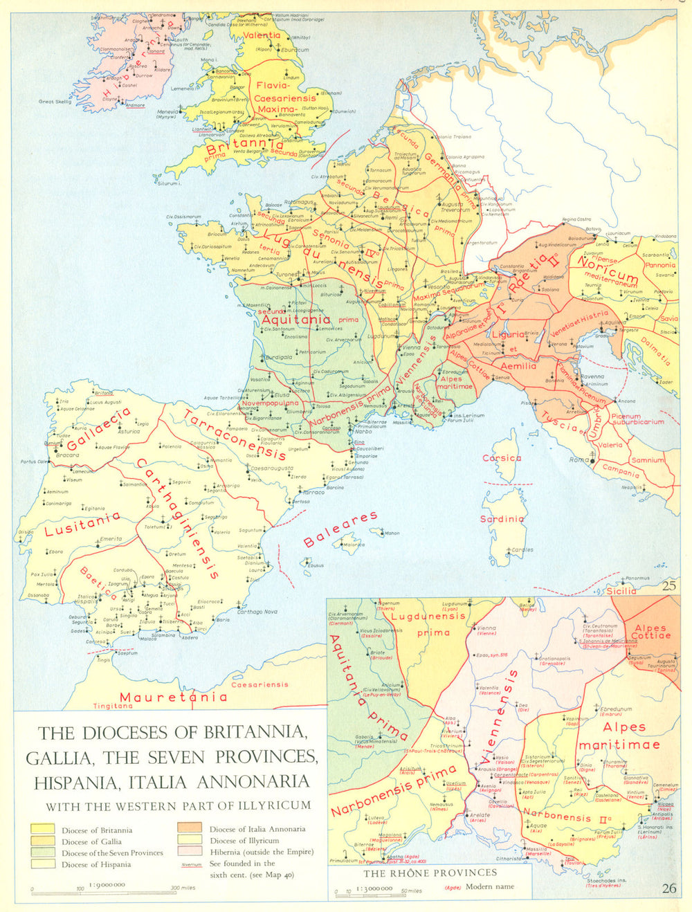 CHRISTIANITY.Dioceses Britannia,Gallia,Hispania,Annonaria Illyricum 1958 map