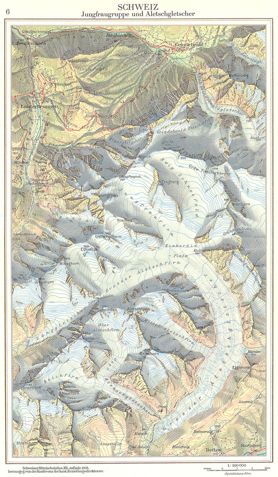SWITZERLAND.Schweiz Jungfraugruppe und Aletschgletscher 1958 old vintage map