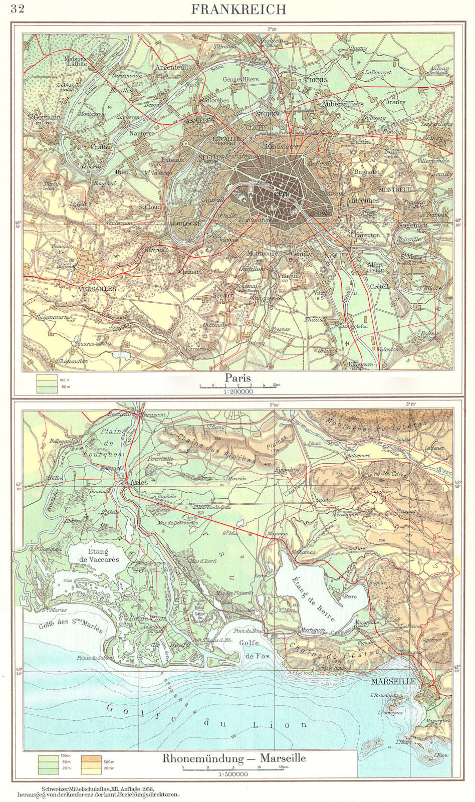 FRANCE.Frankreich;Paris;Rhonemundung-Marseille 1958 old vintage map plan chart