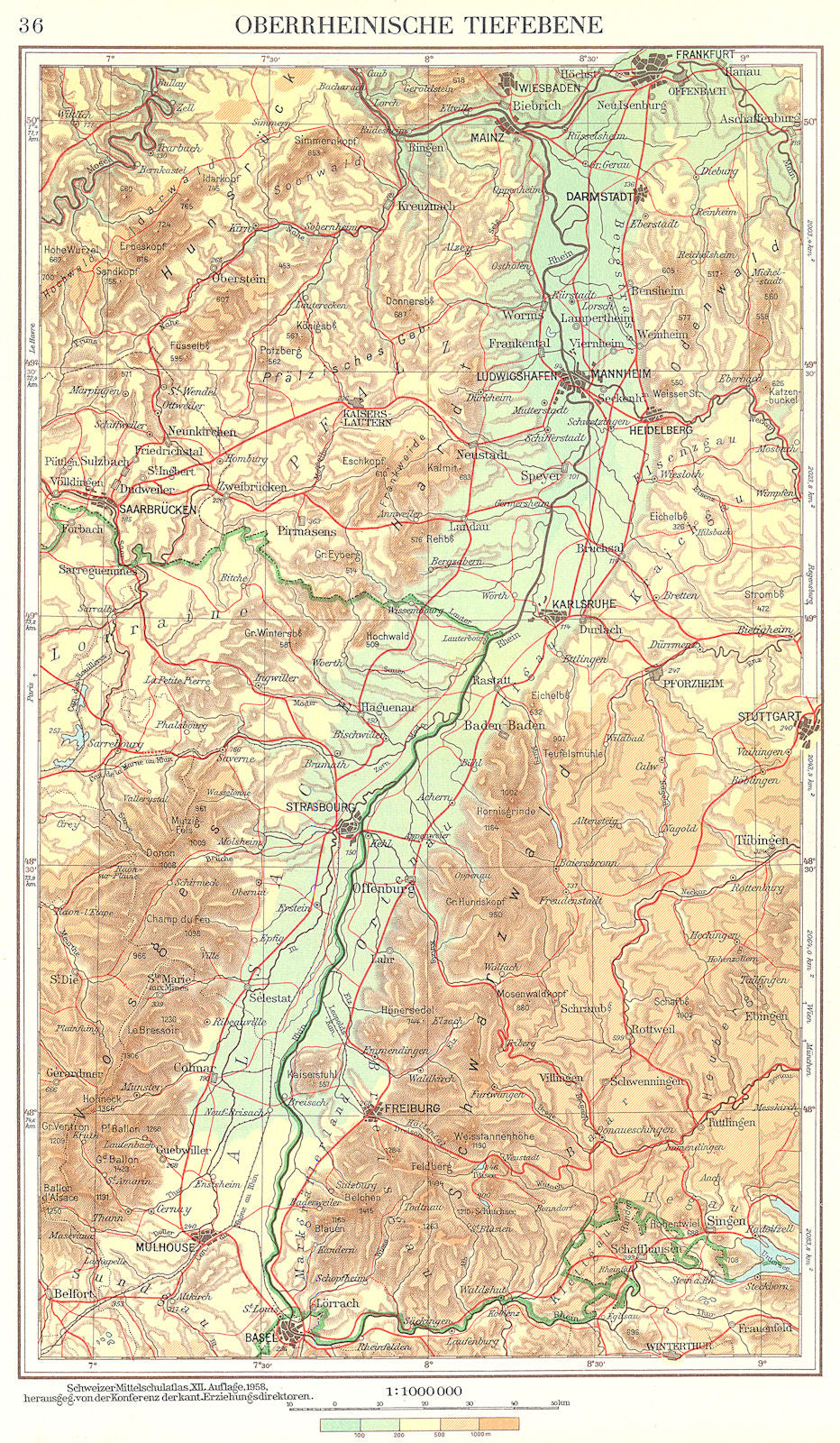 GERMANY.Oberrheinische Tiefebene. Rhine Valley 1958 old vintage map plan chart