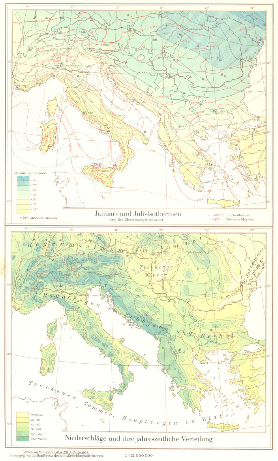 SUDOSTEUROPA.Isothermen;niederschlagejahreszeitliche Verteilung 1958 old map