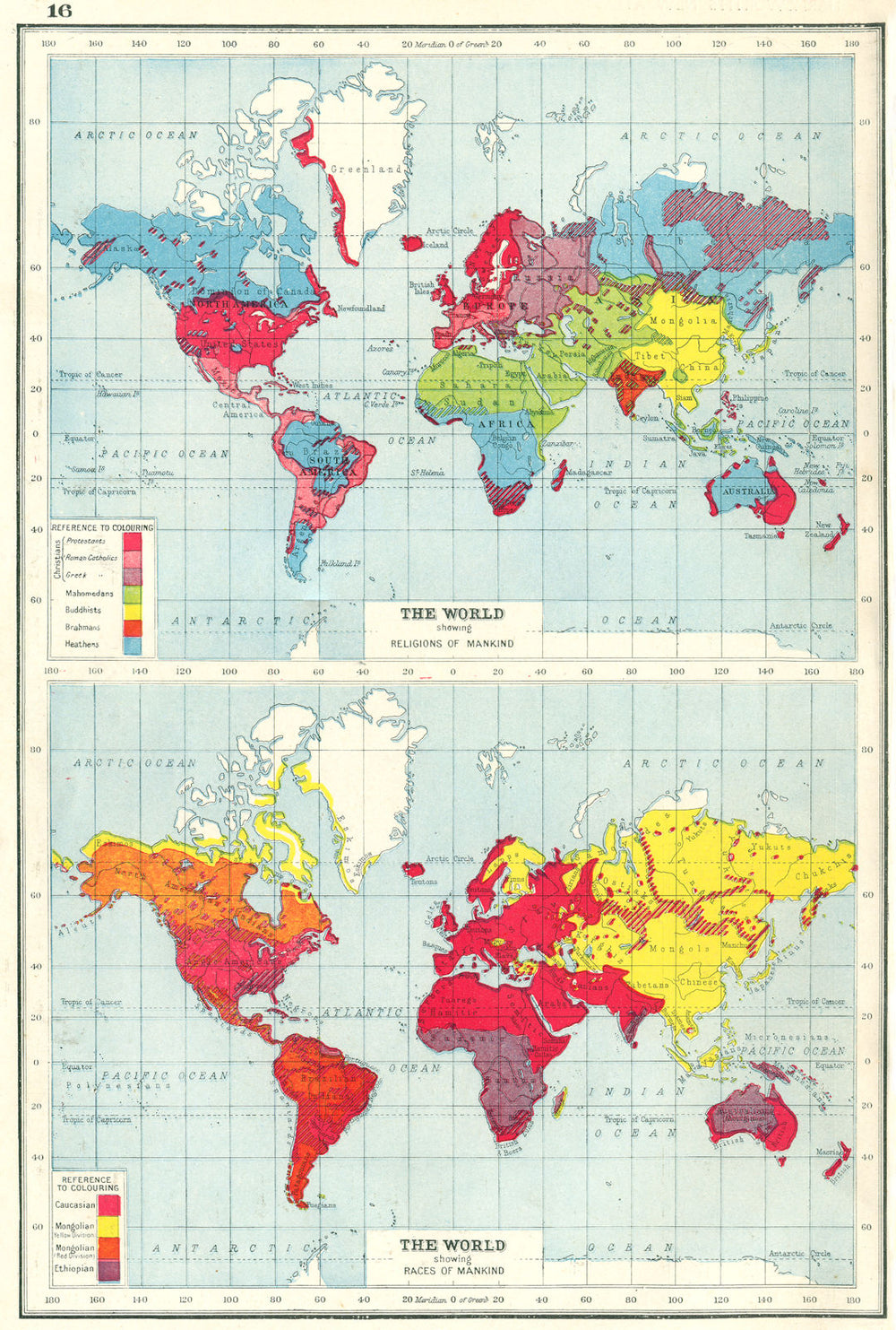 WORLD. Showing Religions & Races of mankind. HARMSWORTH 1920 old antique map