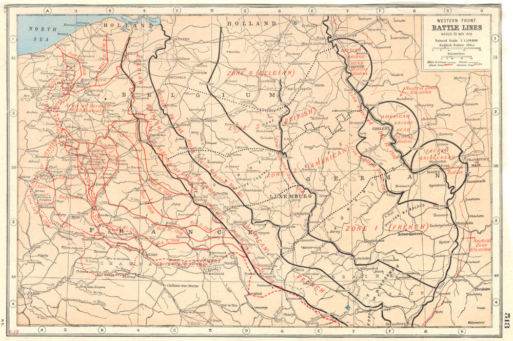 WORLD WAR 1.Western Front Battle lines March-Nov 1918. Belgium France 1920 map