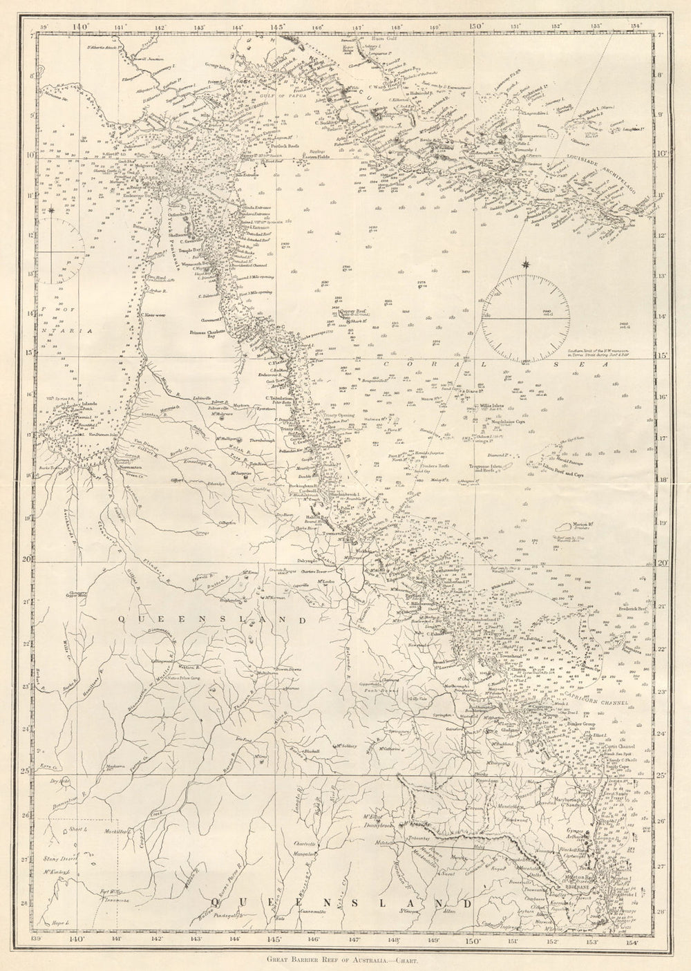 GREAT BARRIER REEF SEA CHART. Queensland coast. Whitsundays. New Guinea 1893 map